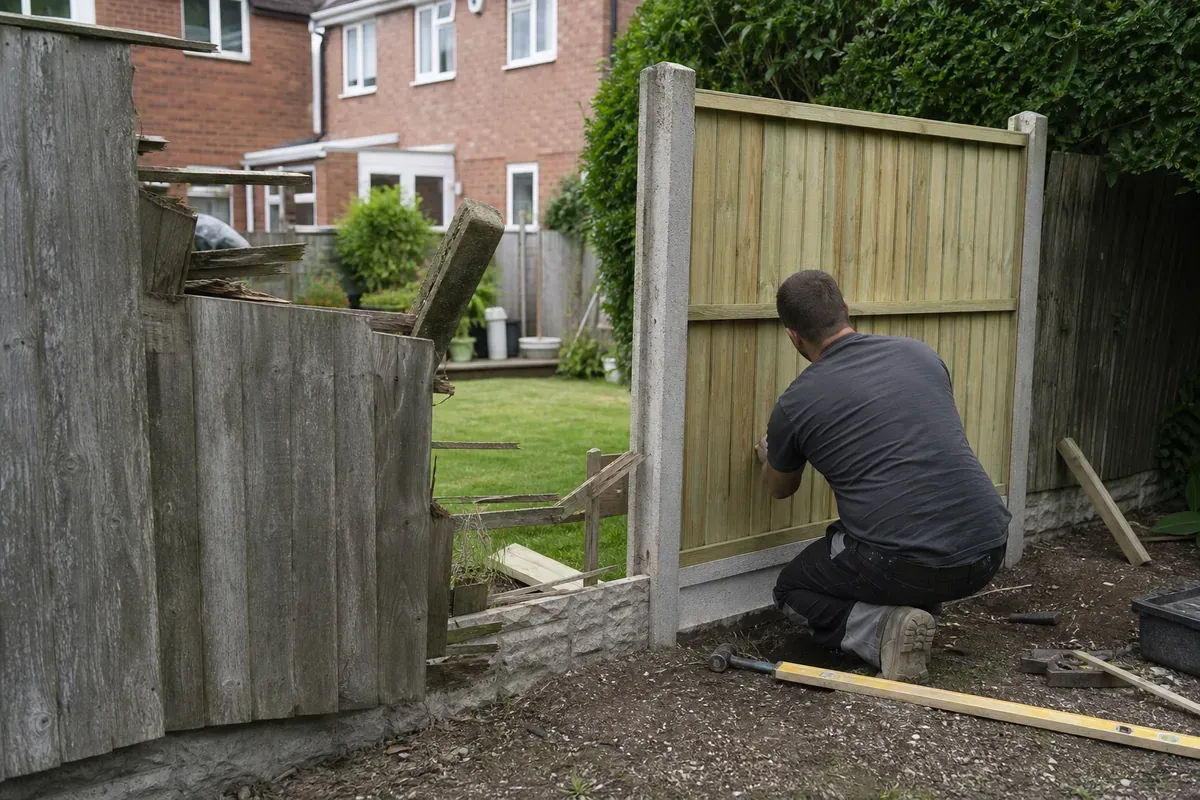 Damaged garden fence being repaired in Solihull